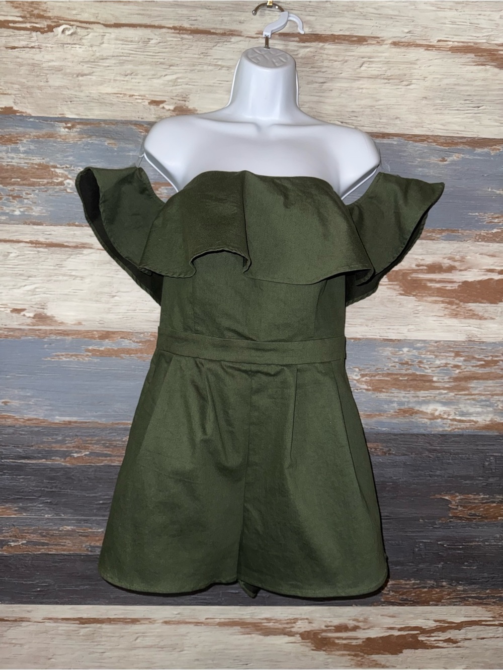 Denim by Flying Tomato olive green off the shoulder romper size large L NWOT